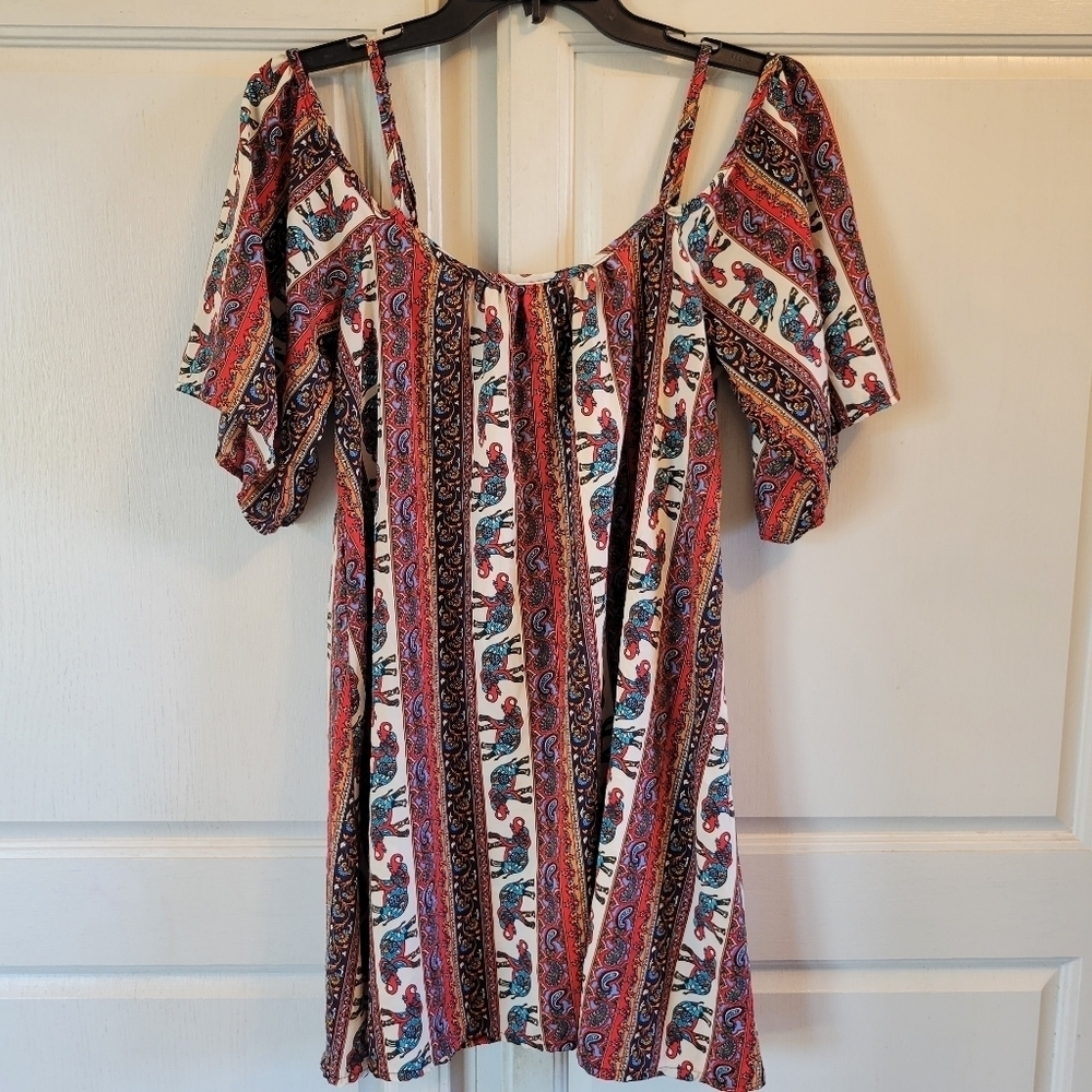 Rue 21 Bohemian Multicolor Elephant Print Off-Shoulder Dress